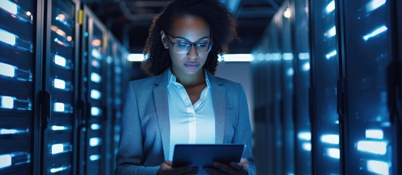 Multiracial IT specialist using tablet in data center, focusing on screen and working with server farm cloud computing. Businesswoman, e-commerce entrepreneur.