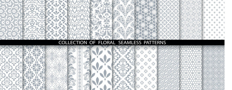 Geometric floral set of seamless patterns. White and gray vector backgrounds. Damask graphic ornaments