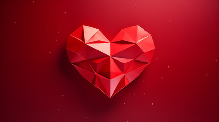 Mockup Red Beautiful Origami 3d Heart On Red Paper Background. Shiny Polygon Heart For Saint Valentine's Day. Love, Romance For February 14. Ai Generated. Horizontal Plane.