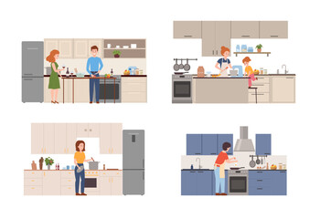Set of scenes with cooking people flat style, vector illustration