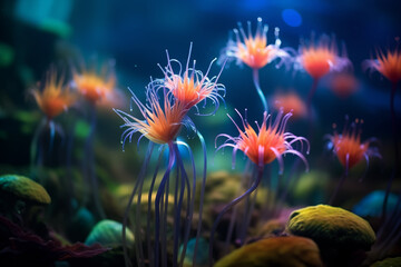 Colorful sea lilies in the current play