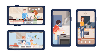 People enjoying cooking food together at kitchen vector set recording on phone screen, educational broadcast, blog