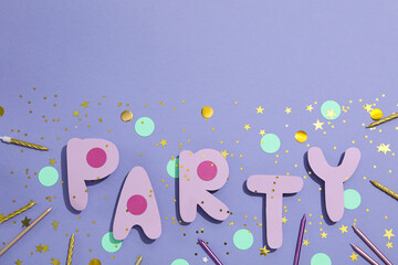 Concept of party decor and confetti, balloons and candles.