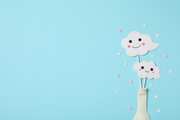 Concept of party decor and confetti, balloons and candles.