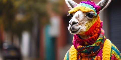 A llama wearing a colorful knitted hat and scarf. Generative AI.