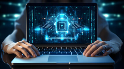 Hand show virtual laptop computer with CYBER SECURITY Business technology Cyber Security Firewall and Antivirus Alert Protection Security with Cybersecurity and information technology. Generative Ai.