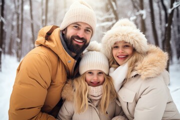 Obraz premium A joyful family embraces in the snow, their dog by their side, capturing the warmth and happiness of a winter day. Generative AI.