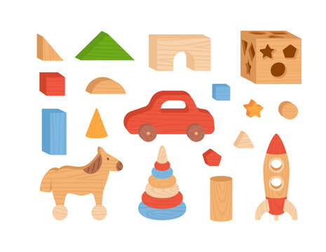 Set wooden toys icons made of natural wood, flat vector illustration isolated.