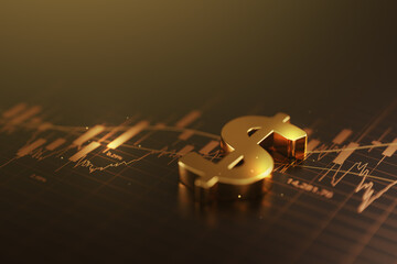 Gold dollar currency 3d sign money finance investment business market on economy financial chart growth trade exchange stock graph background of global wealth diagram cash rate profit banking concept.