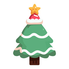 cute winter Christmas tree decorated with Santa top hat and star in cartoon flat style. Merry Christmas and Happy New Year. Vector illustration isolated.