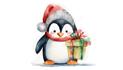 christmas penguin with gift watercolor design