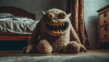 monster under the bed, childhood fears in a funny stuffed animal look  - obrazy, fototapety, plakaty