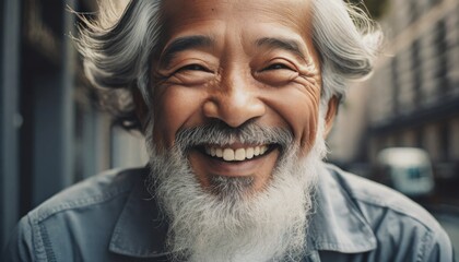 very old man with wrinkles and gray hair, long gray beard, happy and content, laughing and smiling face, closeup of contentment