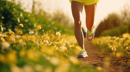 Legs of a female runner jogging in flower field in spring season afternoon