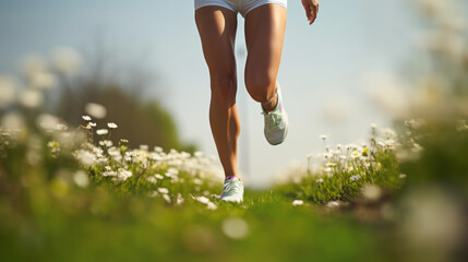Legs of a female runner jogging in flower field in spring season afternoon - obrazy, fototapety, plakaty