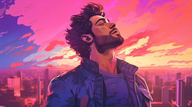 Illustration of portrait of a young man in bustling skyscraper city with sunset colors and hair blowing in the wind