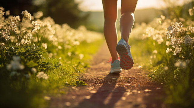 Legs of a female runner jogging in flower field in spring season afternoon