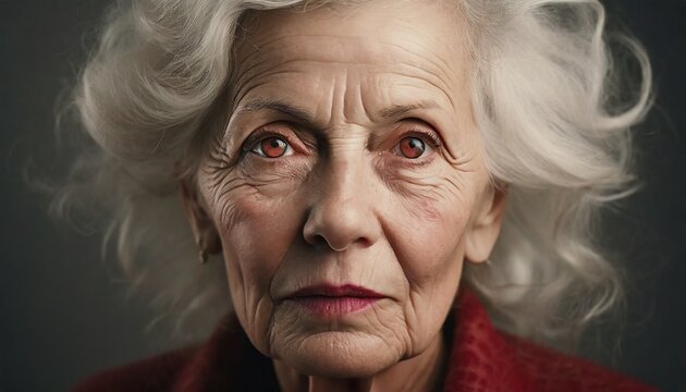 an old woman, 70s, marked by life, wrinkles and gray hair, dark red circles under the eyes, irritated