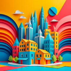Paper art building illustration on the abstract background.	