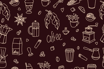 Coffee hand drawn doodle seamless pattern for packaging, textile, print. Modern doodle background with tea and coffee. Vector illustration
