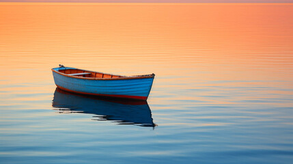 Naklejka premium A wooden boat floating in the calm river is soothing.