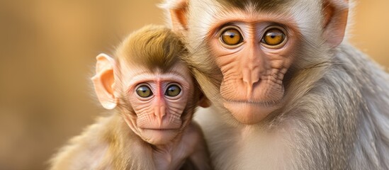 Family of macaque monkeys with two young red-faced babies. - obrazy, fototapety, plakaty