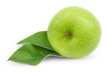 one green apple with leaves isolated on a white background