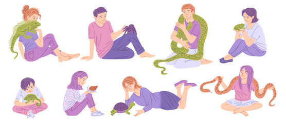 People together with reptile pets set.
