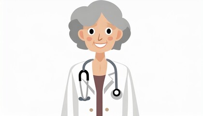 Fototapeta premium Mature older adult woman with gray hair, wearing white doctor's coat, Caucasian, old age and career in medicine