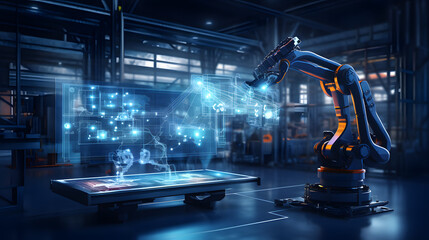 Low polygon hand check and control welding robotics automatic arms icon with machine in intelligent factory automotive industrial with UI monitoring system software. Generative Ai.