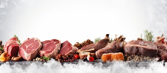 Grilled meat panorama from winter BBQ with various meats on snowy surface and empty space above.