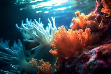 Fototapeta na wymiar Underwater shot that captures the gentle movement of the water around the corals
