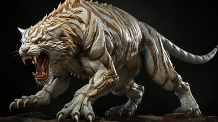 Smilodon Saber Tooth Tiger. Kicking up a spray of dirt, a massive smilodon. generative ai - obrazy, fototapety, plakaty
