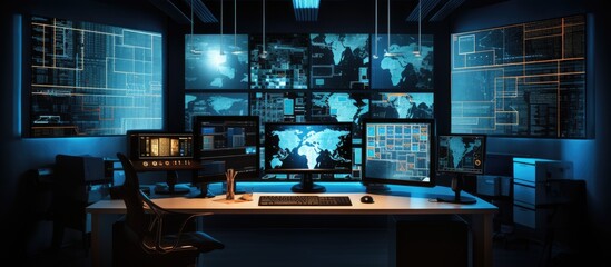 Unoccupied agency office with computer showing security and hacking alerts, critical error message flashing on screen, multiple monitors with cyber crime attack.