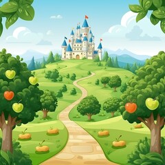 Obraz na płótnie Canvas Kingdom. Cartoon castle on a hill. Realm. A fairytale castle. Game art. Apple trees. Game design. Royalty. A palace in the garden. Valley. Cartoonish art. Mobile game. Game map