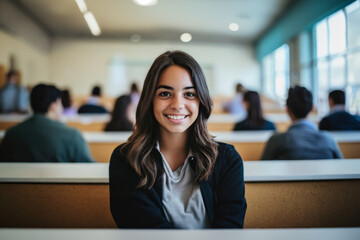 young adult woman or teenager, sitting in a school class or lecture hall in a school or university campus, joyful facial expression, tanned skin, smile, 20s