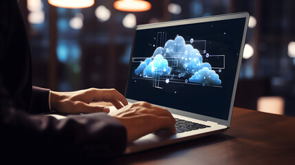 man use Laptop with cloud computing diagram show on hand. Cloud technology. Data storage. Networking and internet service concept. Generative Ai.
