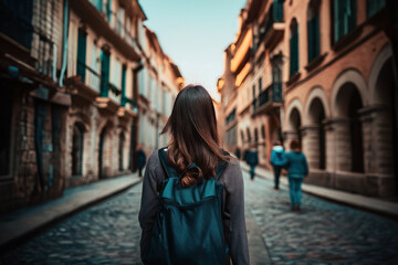 young adult woman travels, city trip old town, fictional place