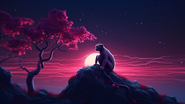 Monkey Neon light animal hill next tree AI Generated pictures