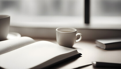 cup of coffee and open notebook on a table