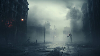 The city looks quiet and desolate, with a hair-raising fog atmosphere all the time. - obrazy, fototapety, plakaty