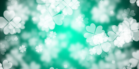 Abstract light green background with flying four leaf clovers