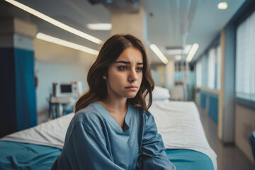 young woman in a hospital or psychiatric ward, fictional person and place with hospital bed  - obrazy, fototapety, plakaty