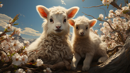 Spring Lambs. cute lambs on field in spring. generative ai