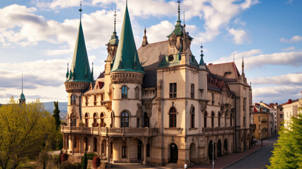 Fototapeta na wymiar city castle and charles bridge, neo-gothic Jakab's palace in Kosice, Slovakia.3d illustration