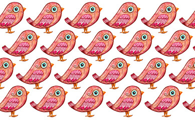 Pattern of decorative birds in profile. White background. Image of one bird is regularly repeated in checkerboard pattern. Doodle. Pink, orange, brown colors. Detailed drawing. Stylized illustration.