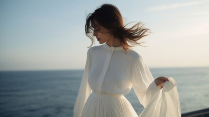 Portrait of a beautiful girl in a white dress on the background of the sea