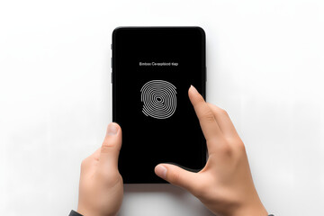 Person using digital tablet and fingerprint scanning to unlock and access to personal data network isolated on white background. Generative Ai.