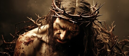 Jesus Christ, harmed and bloody with thorny crown, portrayed in sepia. - obrazy, fototapety, plakaty