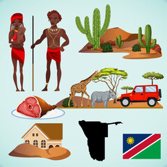 
Set of Namibia illustrations. Namibia map, flag, national food, clothing, architecture, safari, animals of Namibia. Vector